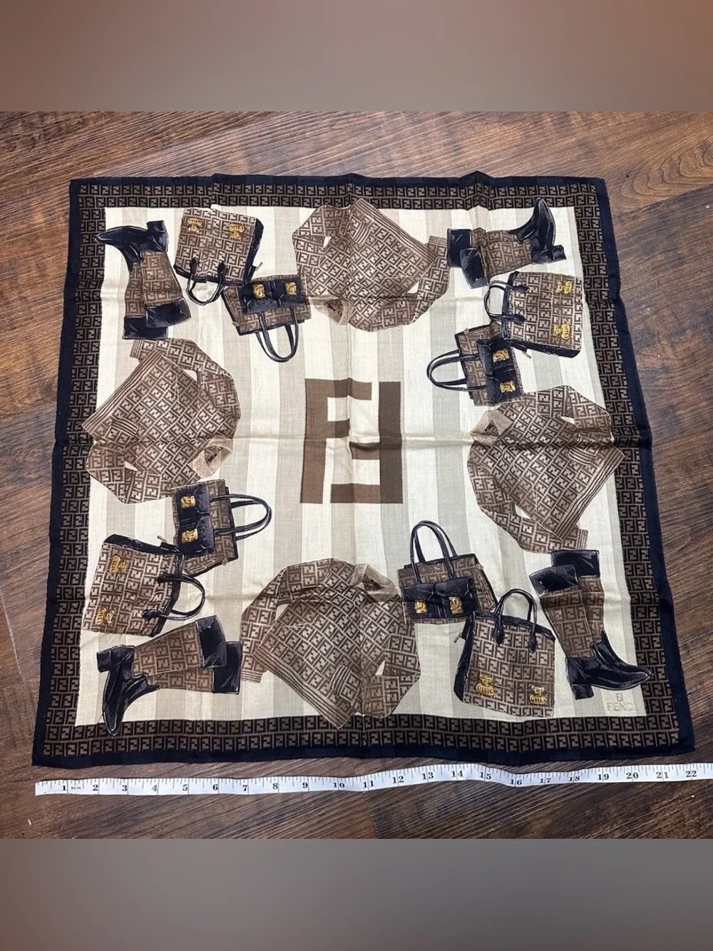 Fendi FF Logo Silk Square Scarf Bags Shoes Print Brown Vintage